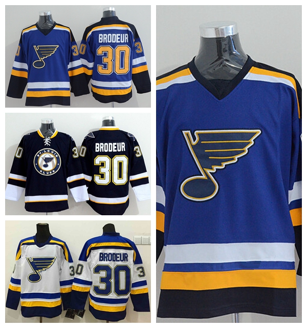 

St. Louis Blues 30 Martin Brodeur Jerseys Ice Hockey Sports Navy Blue Team Color White Alternate All Stitched Best Quality, Brown