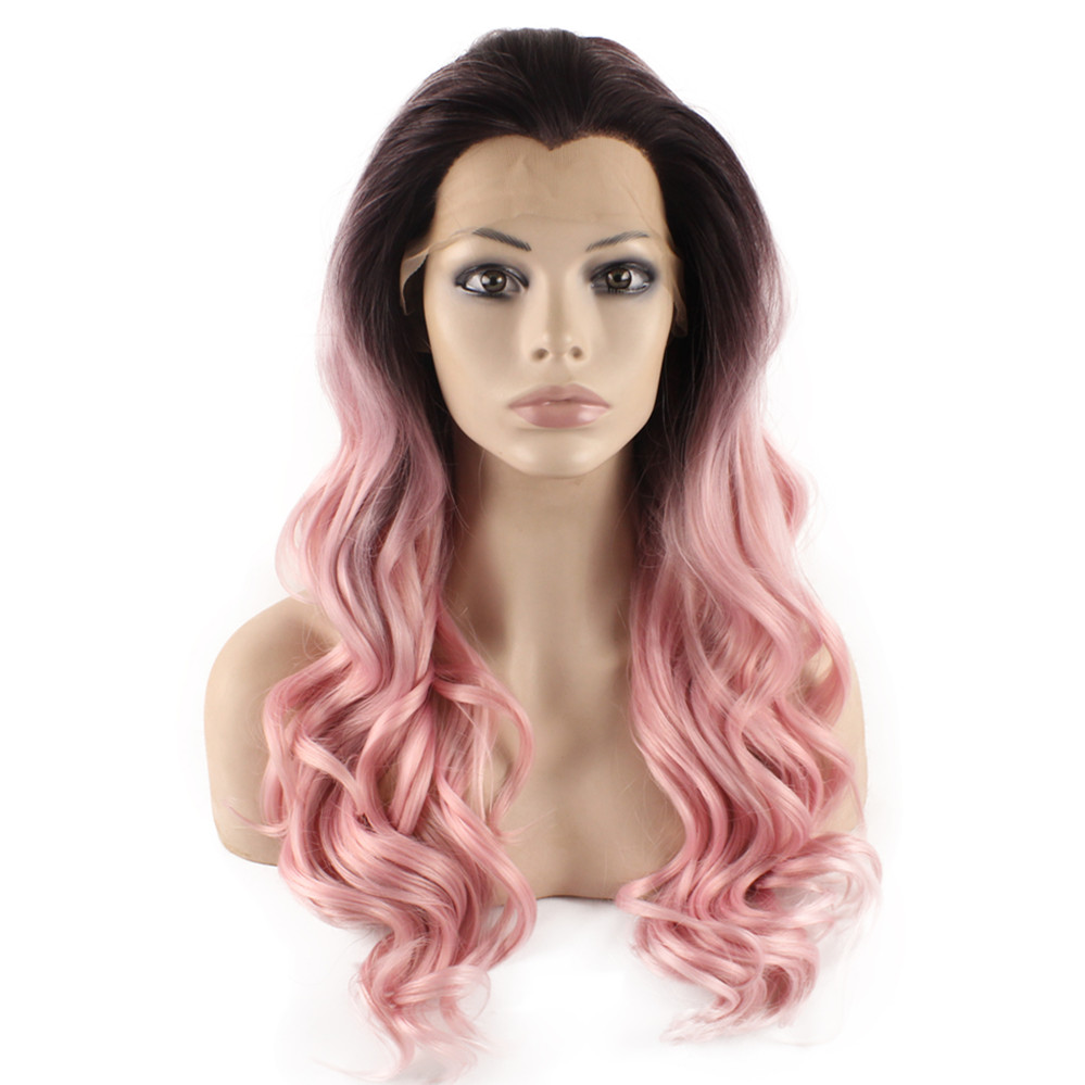 

Long Wavy Hand Tied Lace Front Brown Pink Ombre Wavy Wig, Ombre color