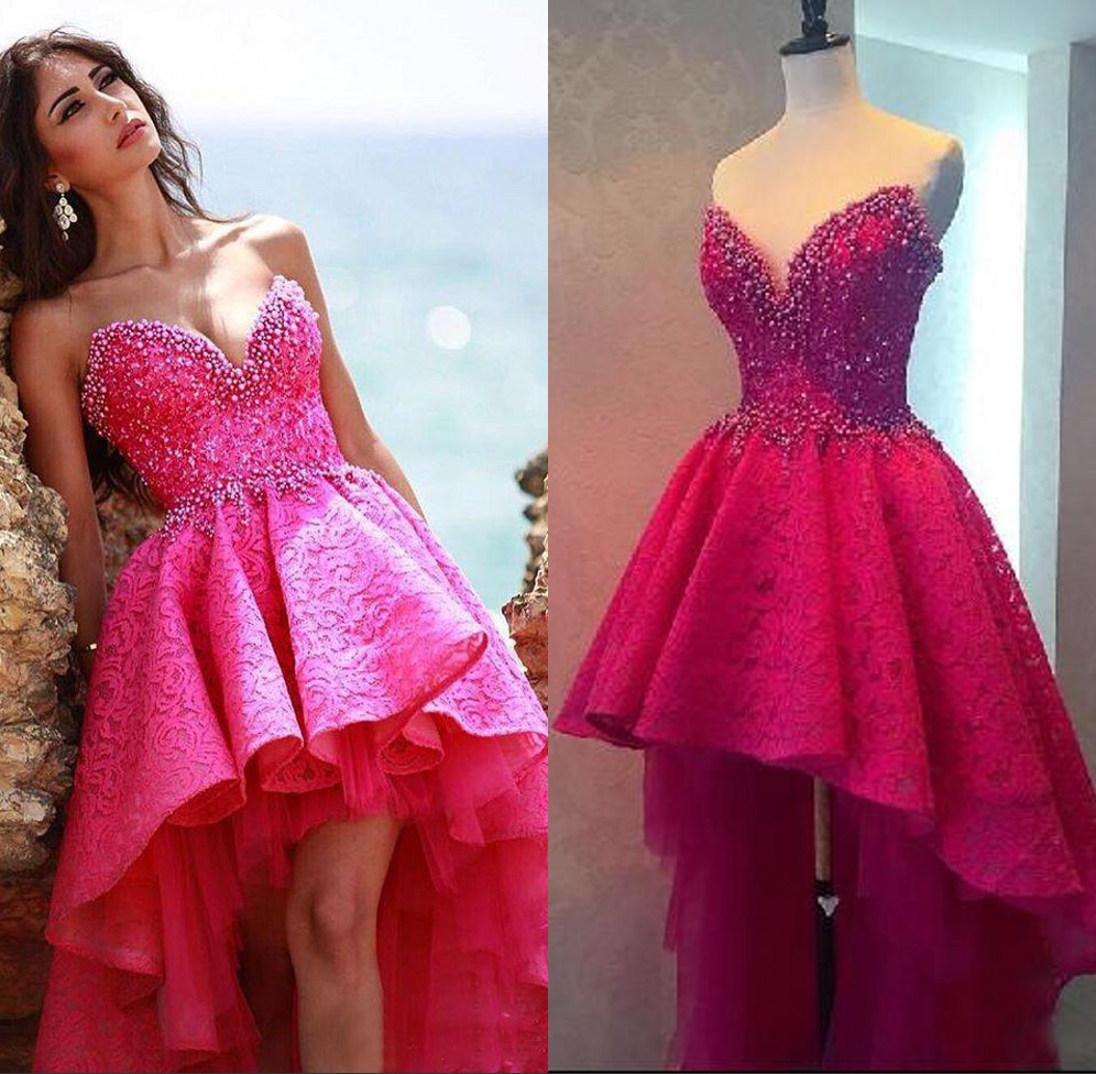 

Stunning Short Front Long Back Prom Dresses Hi Low Fuchsia Lace Sweetheart Neckline Exquisite Beads Pearls Lace Homecoming Party Gowns, Orange