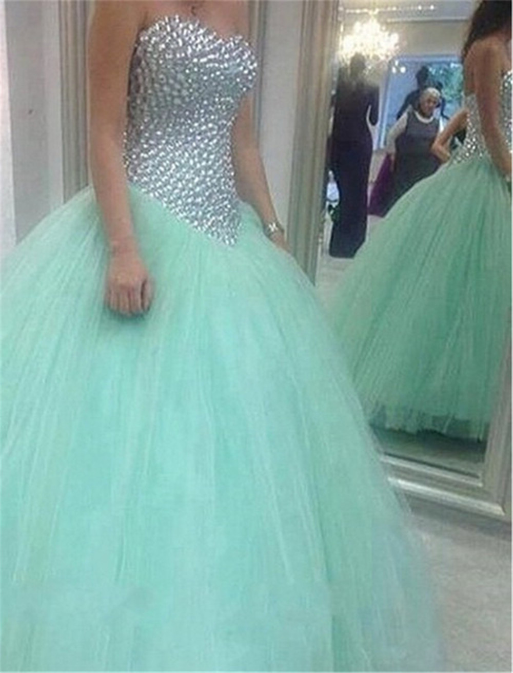 

Glamorous Sweetheart Mint Green Quinceanera Dress Crystal Tulle Ball Gown Prom Gowns Rhinestones Bling Bling sexy 16 dress, Hunter