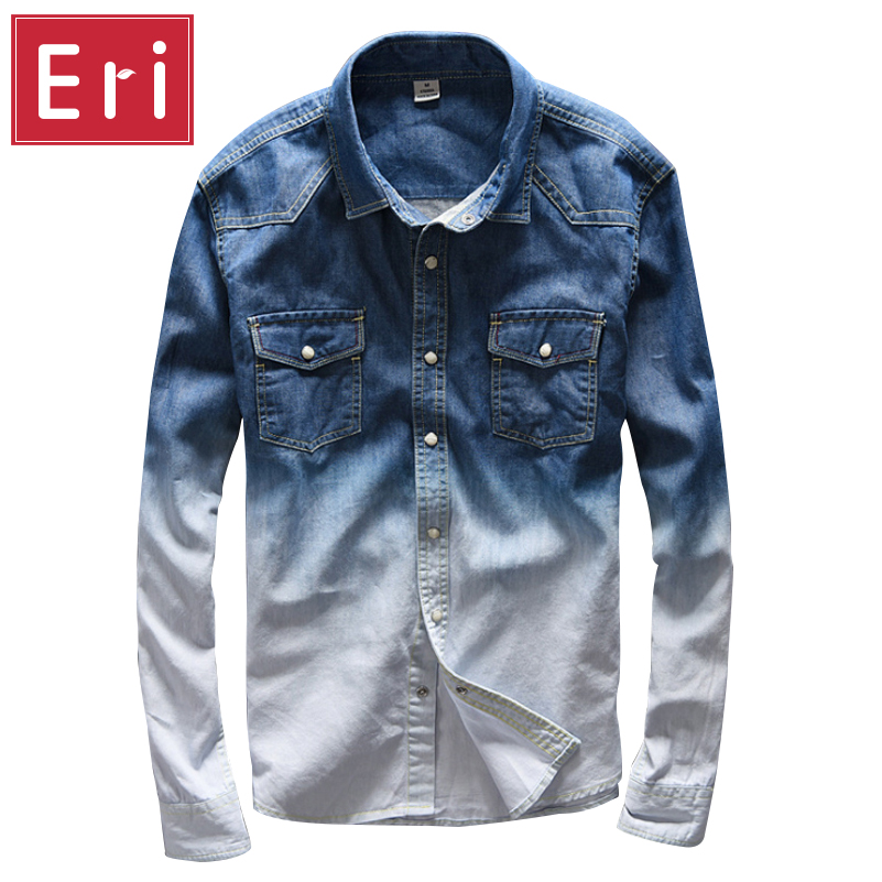 

Wholesale- 2017 New radient color jeans shirt men casual denim shirts men cotton long shirt mens overhemd mannen homens X538, Blue