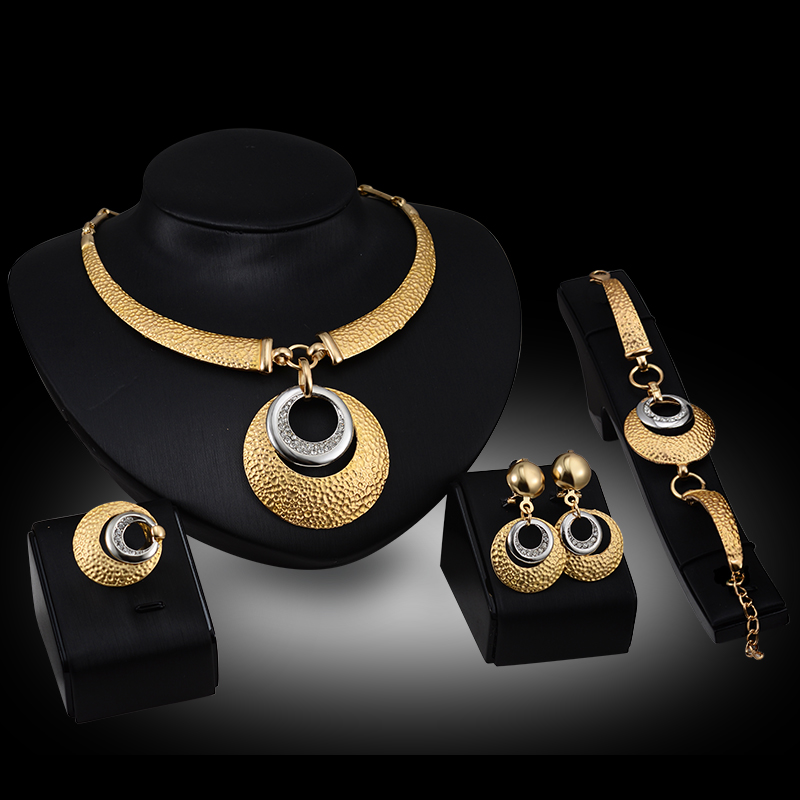 Earrings Necklaces Bracelets Rings Jewelry Sets Fashion Women Rhinestone 18K Gold Plated Geometric Circle Party Jewelry 4-Piece Set JS025
