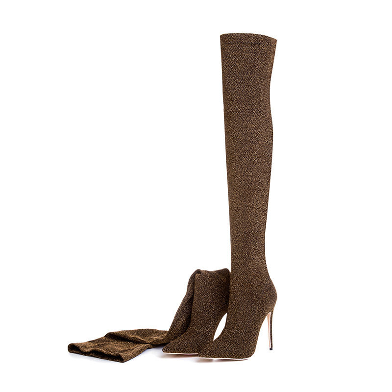 

2018 winter purple green boots over the knee thigh high boots bling bling sexy high heels sequined cloths slip on shoes women plus size, Silver long