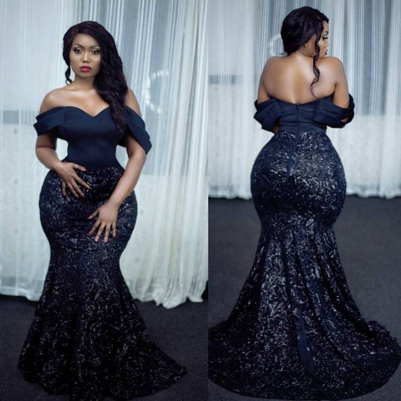 

Sparkly Mermaid Plus Size Evening Dresses Off The Shoulder Sweetheart Neck Sequined Prom Gowns Cheap Sweep Train Satin Formal Dress, Ivory