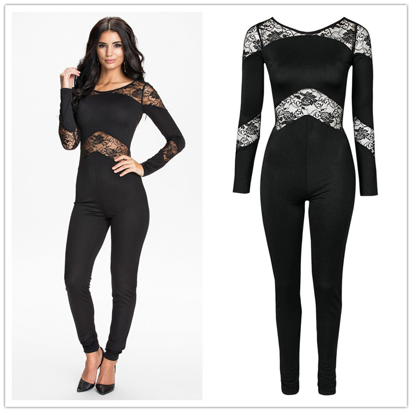 Wholesale-R70184 high quality long sleeve solid playsuit 2016 hot sale lace plus size bodysuit women new style fashion overalls for women
