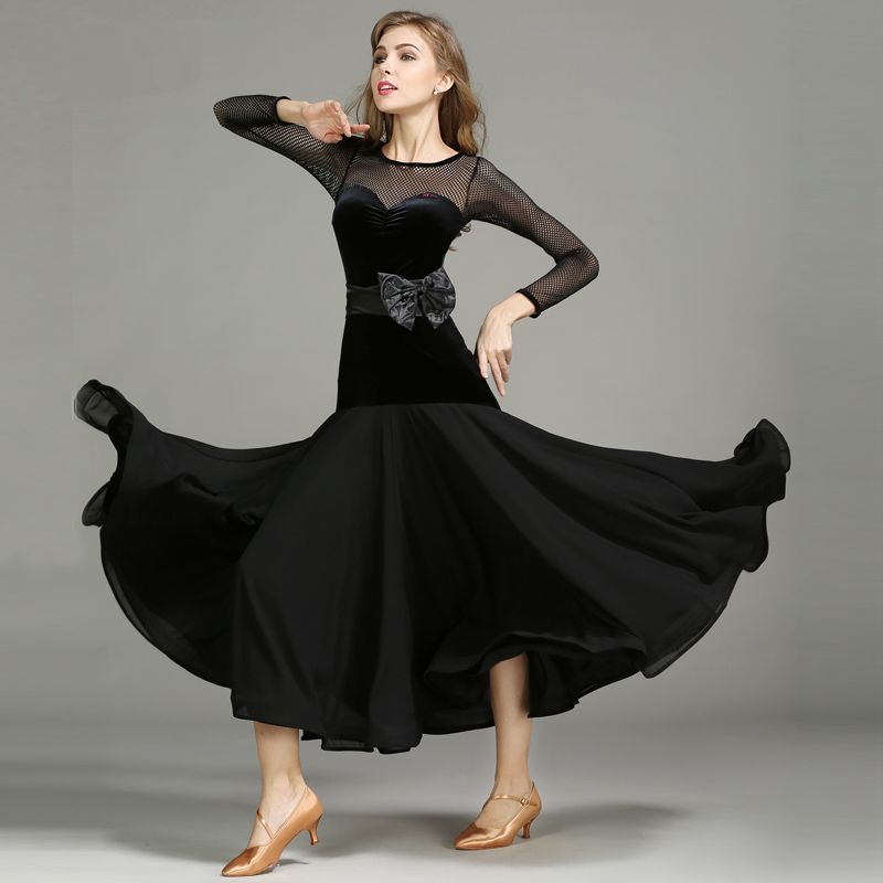 

Ballroom Dance Competition Dresses for Women Standard Ballroom Dress Waltz Dance Dresses D0165 Tango Chacha Black Red Mesh Sleeve