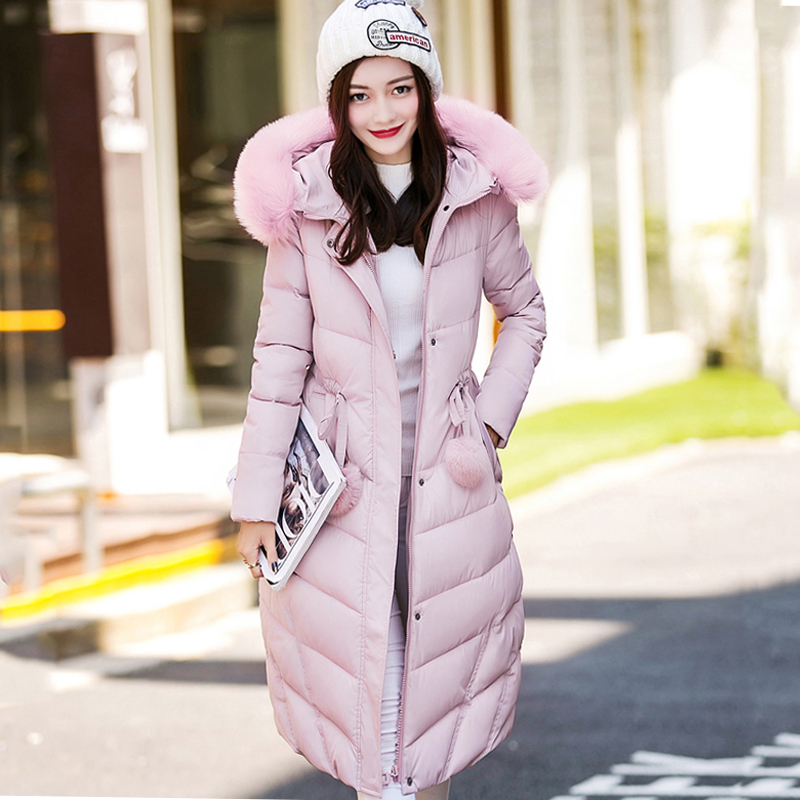 

With fur hooded long coat women parkas warm cotton padded solid winter jacket women hooded thicken casaco feminina inverno q171118, Black