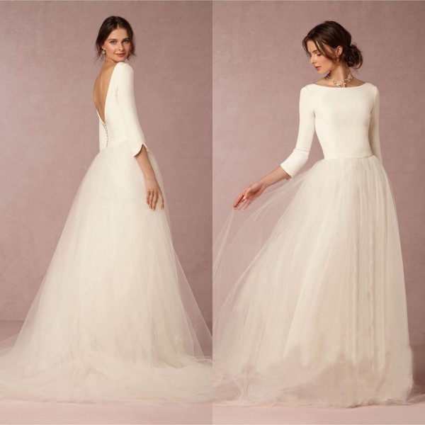 

Cheap Stunning Winter Wedding Dresses A Line Satin Top Backless Bridal Gowns with Sleeves Simple Design Soft Tulle Skirt Sweep Train, Champagne