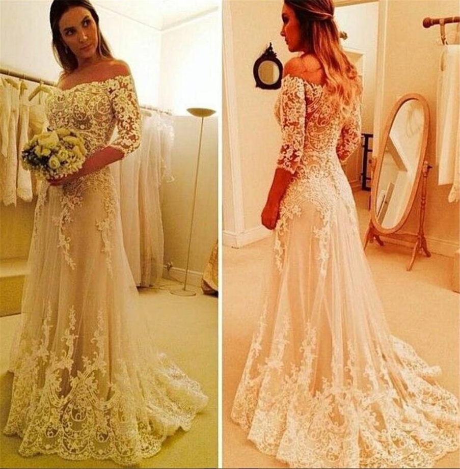 

Sweetheart 3/4 Long Sleeves A-line Tulle Bridal Dresses Beaded Vintage Wedding Gowns Lace Vintage Arabic Wedding Dresses, White