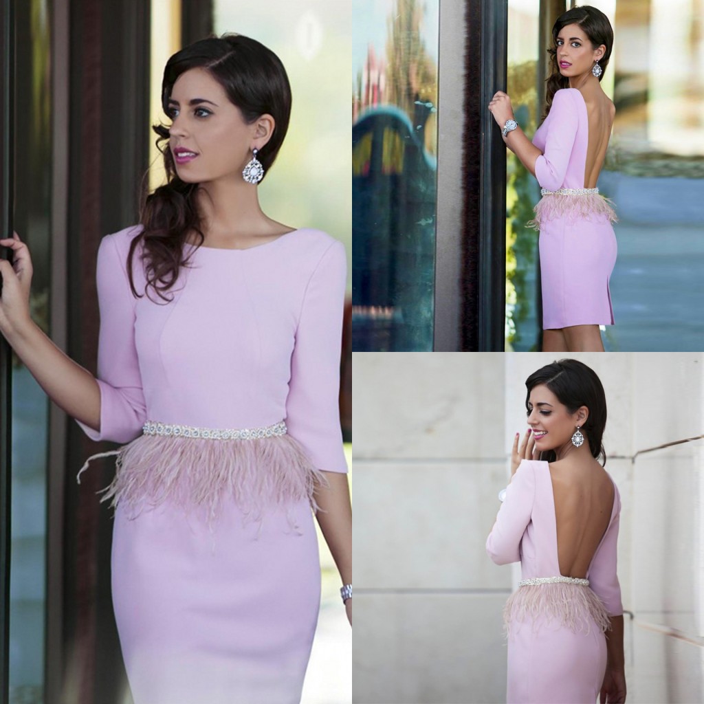 

2019 Pink Short Prom Dresses Scoop Neck Beads Waist Feathers Cocktail Dresses Sexy Open Back Three Quarter Sleeve Party Dresses, White