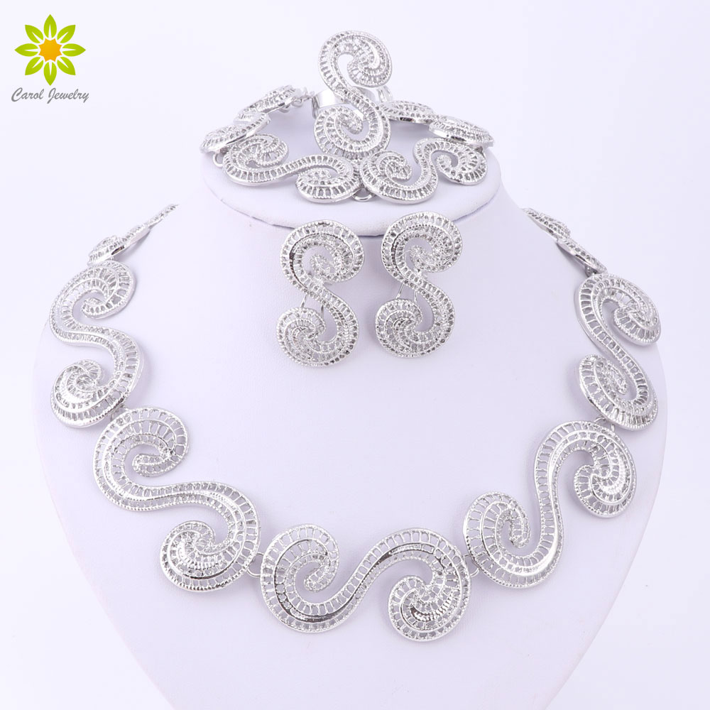 

African Jewellery Sets Silver Plated Hollow Out Necklace Bracelet Ring Earrings Sets Classic Bridal Jewelry Sets