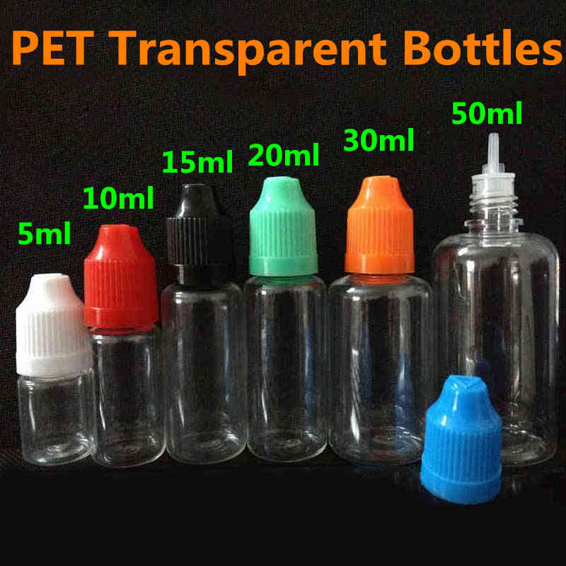

E liquid Needle Tip Bottles PET Transparent Empty 5ml 10ml 15ml 20ml 30ml 50ml Plastic Clear Dropper Bottle With Colorful Childproof Cap DHL