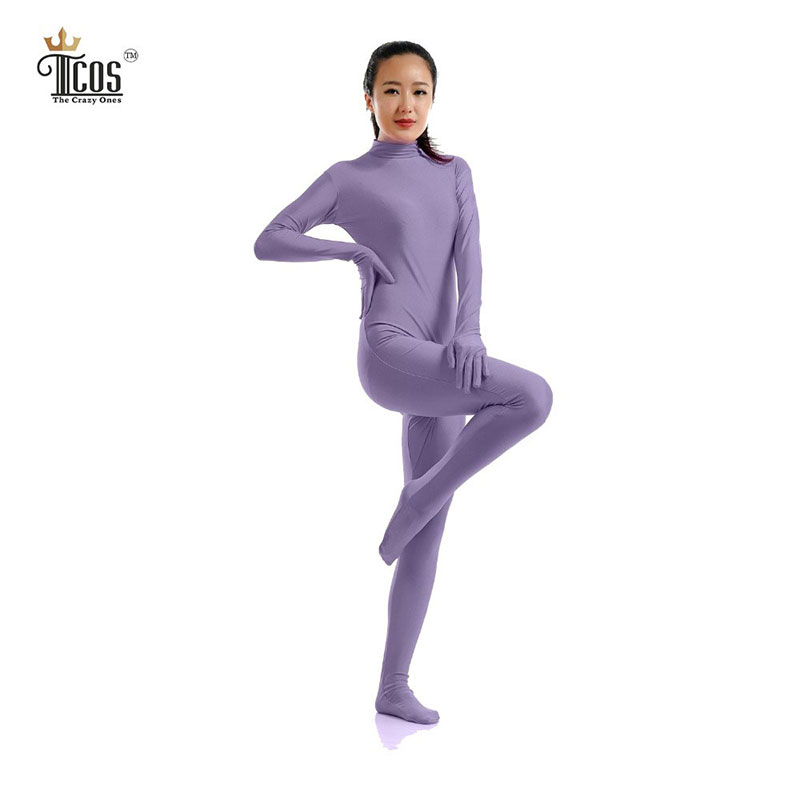 

Wholesale-The Crazy Ones Zentai Light Purple Suit Women Dancewear Turtleneck Unitard Bodysuit Headless Footed Second Skin Full Body Tights