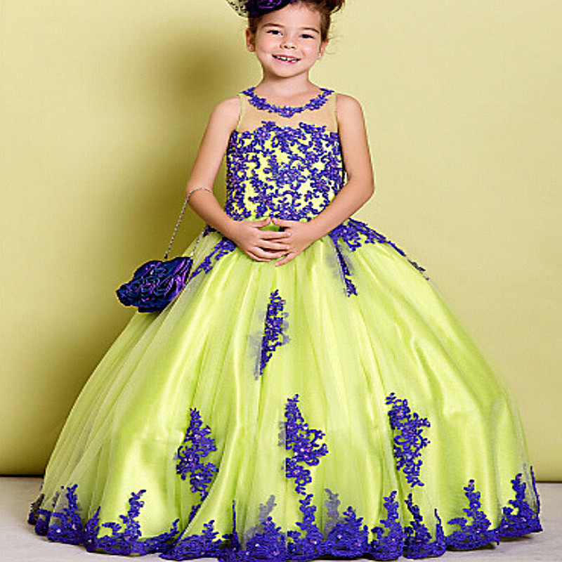 

New Arrival Little Girl Ball Gown Scoop Appliqued Glitz Pageant Floor Length Flower Girls Dresses For Children Prom Gown, Black