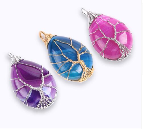 Charms Fashion Gold Color Tree Of Life Wire Wrap Water Drop Necklace & Pendant Reiki Natural Gem Stone Purple Blue Veins Onyx Jewelry E806-image-403741526
