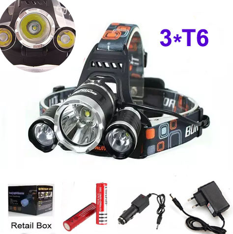 

3T6 Headlamp 6000 Lumens 3 x Cree XM-L T6 Head Lamp High Power LED Headlamp Head Torch Lamp Flashlight Head +charger+battery+car charger