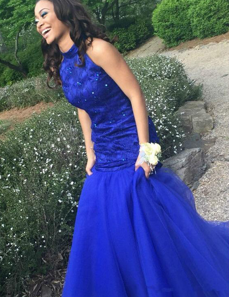 

Royal Blue Lace Mermaid Prom Dresses Long Shiny Beaded Attractive Evening Party Dresses Open Back Graduation Dresses Gowns abendkleider, Gold
