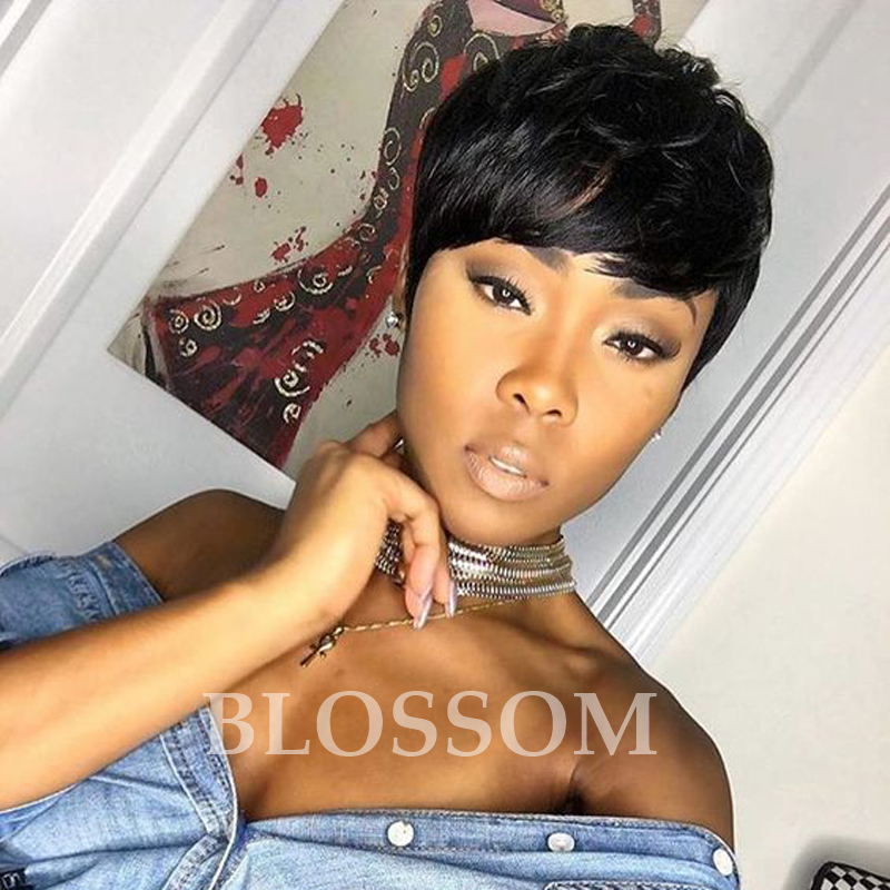 

Brazilian Short Human Straight Hair Wigs Pixie Natural Human Cut Hair Wigs for Black Women Glueless Full Lace Wigs, #1b