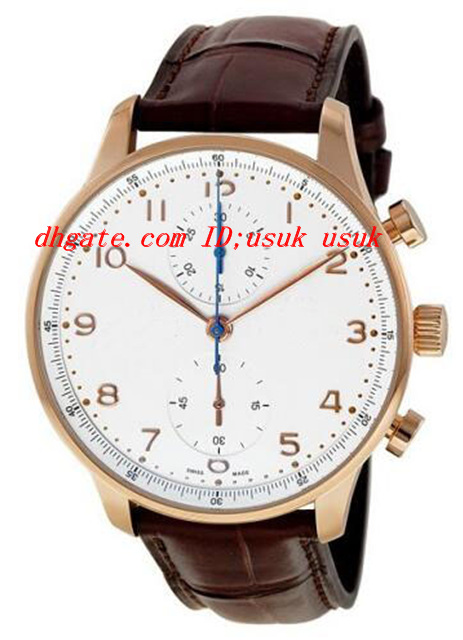 Montre de luxe de luxe de qualité supérieure Portugais Cadran argenté Chronographe Rose Gold Cuir Quartz Montre Hommes 40.9mm Montres de Montres