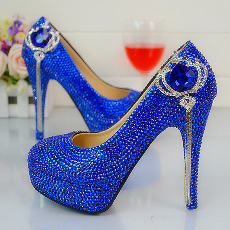 

Handmade Fashion Royal Blue Rhinestone Wedding Shoes Round Toe Slip-on High Heel Stilettos Prom Party Pumps Plus Size 44 45, Black