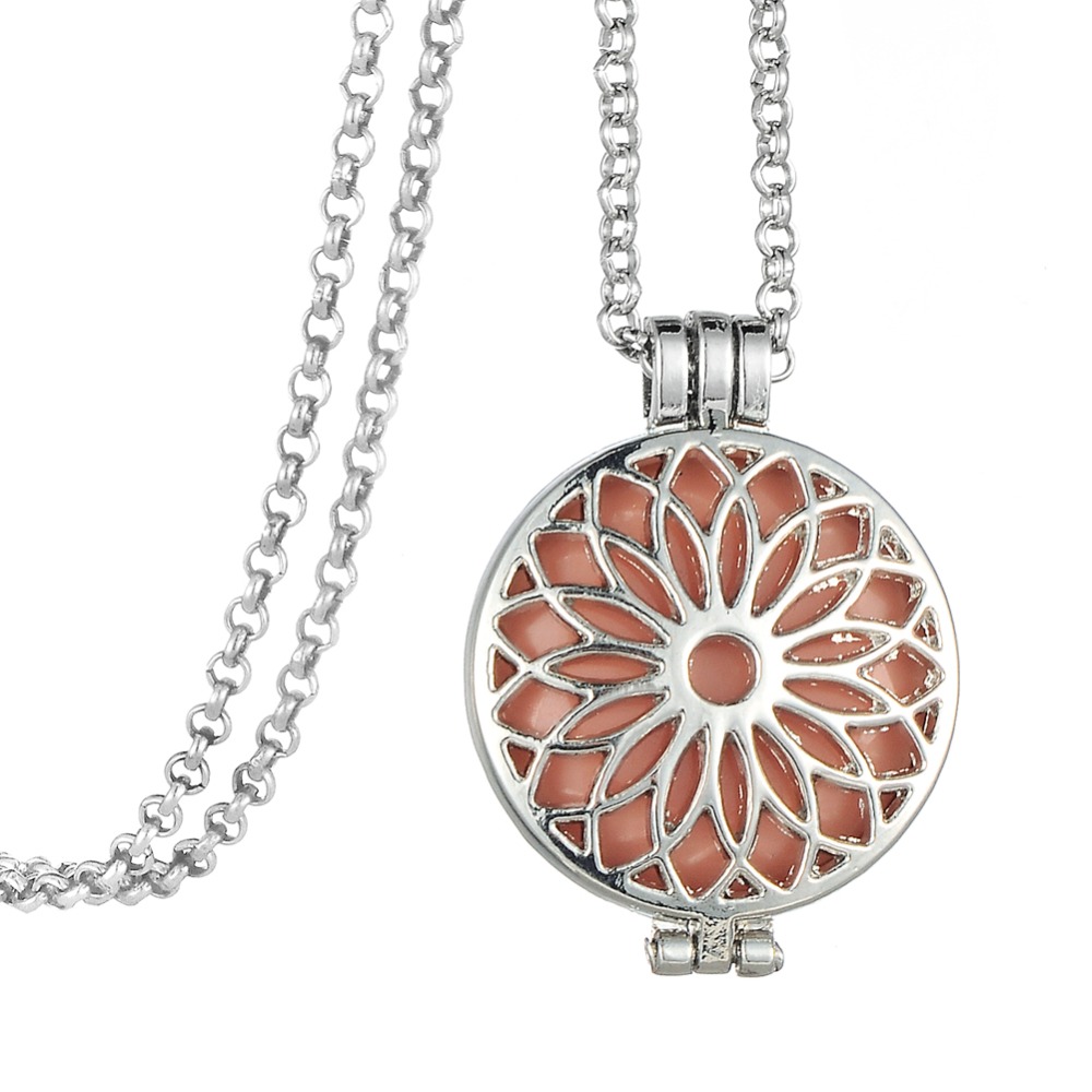 

32" Ling Chain Sun Flower Shape Essential Oil Locket Pendant Diffuser Aromatherapy Necklace for Women Dress Jewelry