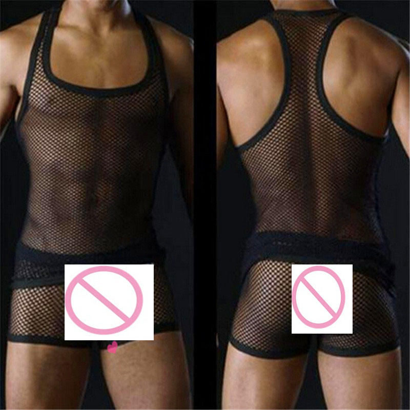 

Wholesale- men's sexy tanks tops Male underwear Gay clothing mesh net Fashion man clothes Undershirts for men sleeveless vest fishnet, Black