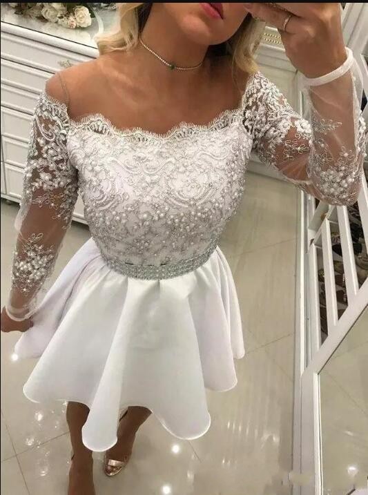 2020 Short Homecoming Dresses Bateau Neck Lace Appliques Beaded Sheer Back Long Sleeves Satin Sash Party Dresses Plus Size Cocktail Gowns