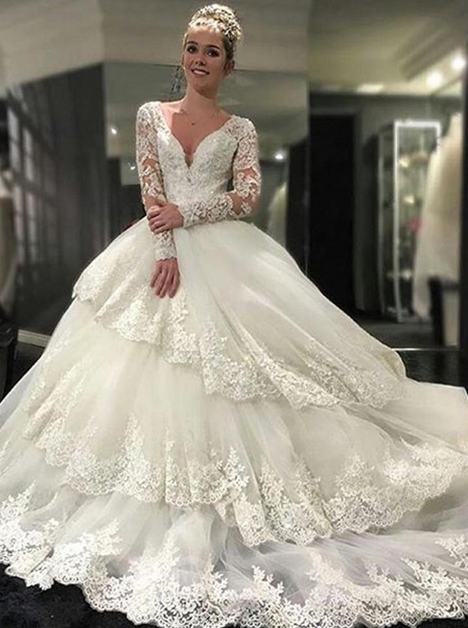

Vintage V-neck Tiered Long Sleeves Ball Gown Wedding Dress with Appliques Lace Backless Beaded Chapel Train Tulle Winter Bridal Gowns, Custom made from color chart