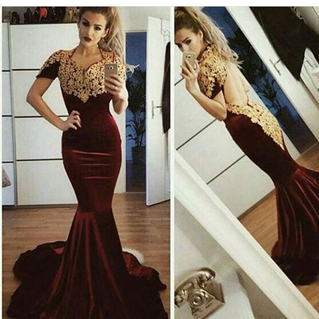 

Short Sleeve Velvet Formal Evening Dresses Sweetheart Gold Lace Appliques Mermaid Evening Gowns Open Back Party Dresses Long, Burgundy