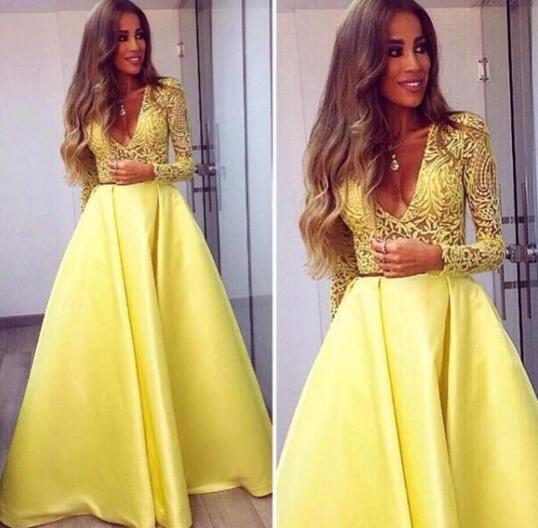 Elegant Yellow Dubai Abaya Long Sleeves Evening Gowns V neck Lace Dresses Evening Wear Zuhair Murad Prom Party Dresses