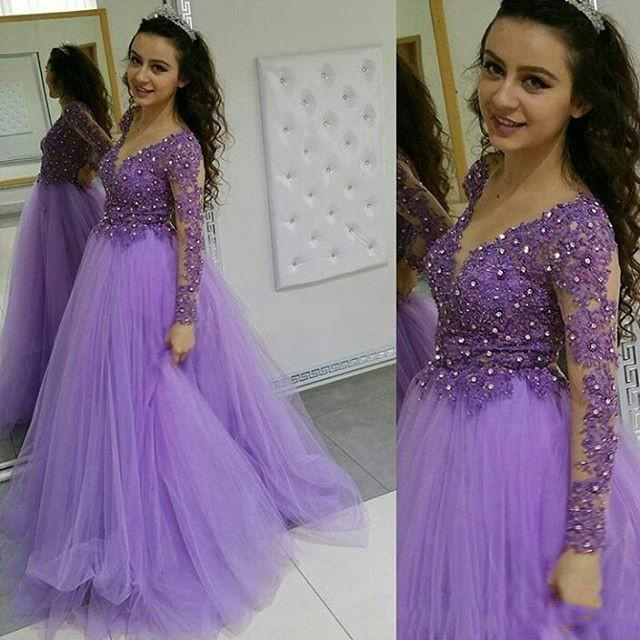 

Light Purple Lace Applique Beads Prom Dresses Illusion Long Sleeve Sheer Neck Evening Gowns Tulle Ball Gown Arabic Formal Party Dresses, Daffodil