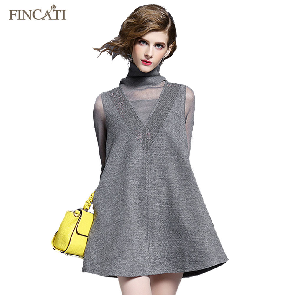 Wholesale- 2017 Spring New Turtleneck Lace Patchwork Hot Fix Rhinestone Pullovers Elastic Long Sleeve Knitted Sweater Dress
