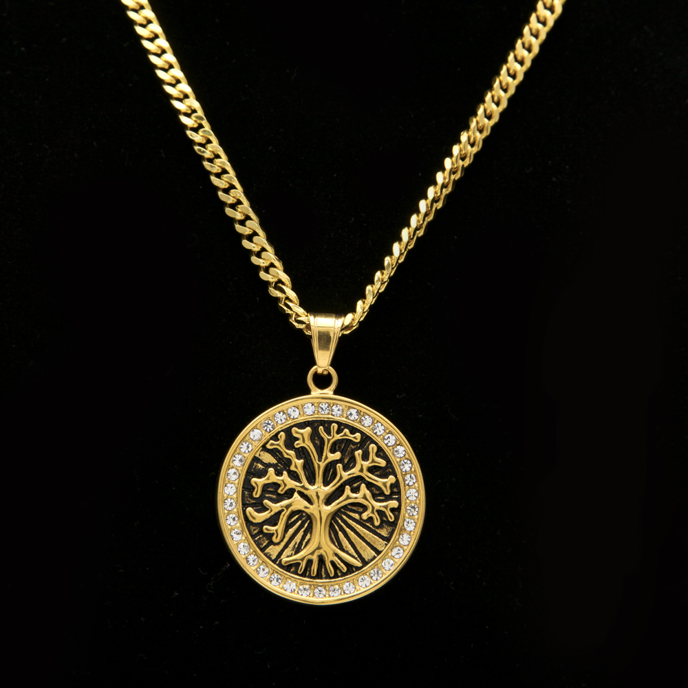 

Retro Tree of Life Iced Out Cz Crystal Gold Plated Pendant Necklace stainless steel With 5mm 27inch Cuba Chain Necklace Fashion Jewelry Whos
