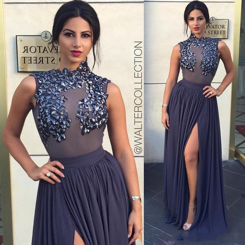 

Dark Blue High Neck Sequins Beaded Evening Dresses 2017 See Through Chiffon High Split Prom Dresses Sheer Back Floor Length Party Gowns, Silver