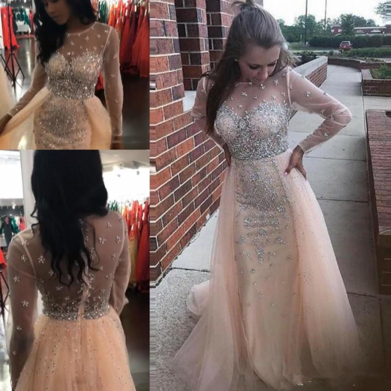

Arab Sparkling Sexy Prom Dresses See Through Illusion Long Sleeves Evening Gowns With Detachable Train Beads Sequins Celebrity Party Dress, Fuchsia