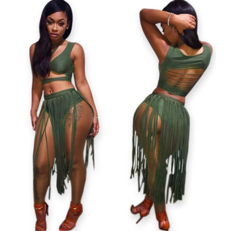 

2 Pieces Set 2016 New Fashion Tassel Sleeveless Women Two Pieces Outfits Party Club Dresses Sexy Halter Bodycon Dress Hot Women Summer dress, Black;gray