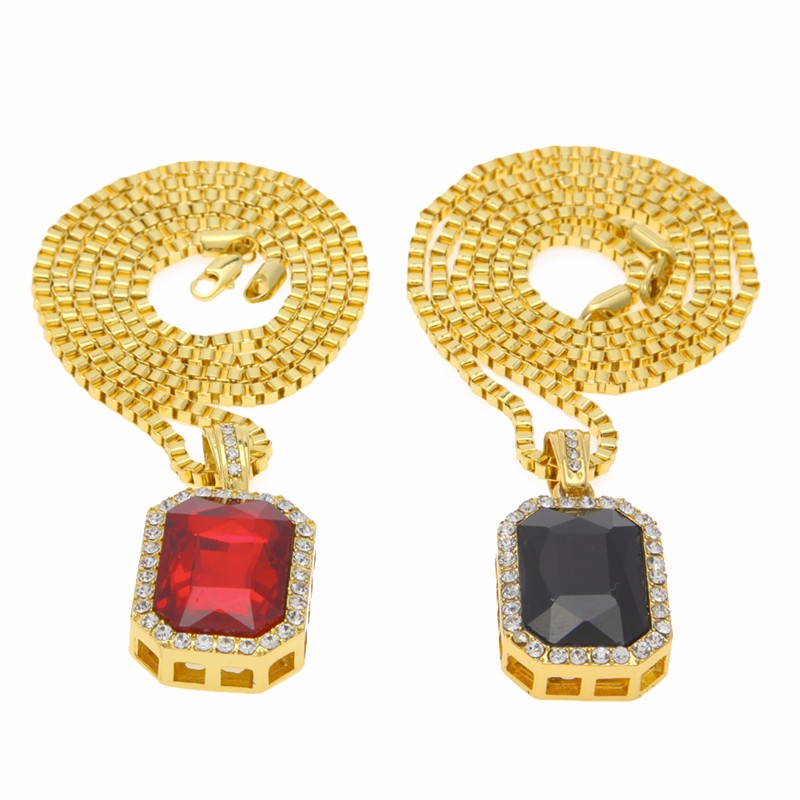 

Micro Ruby Red Black Square Pendant set 2.4mm 24" Box Chain Gold Tone Iced Out Necklace hiphop gold chains for men women