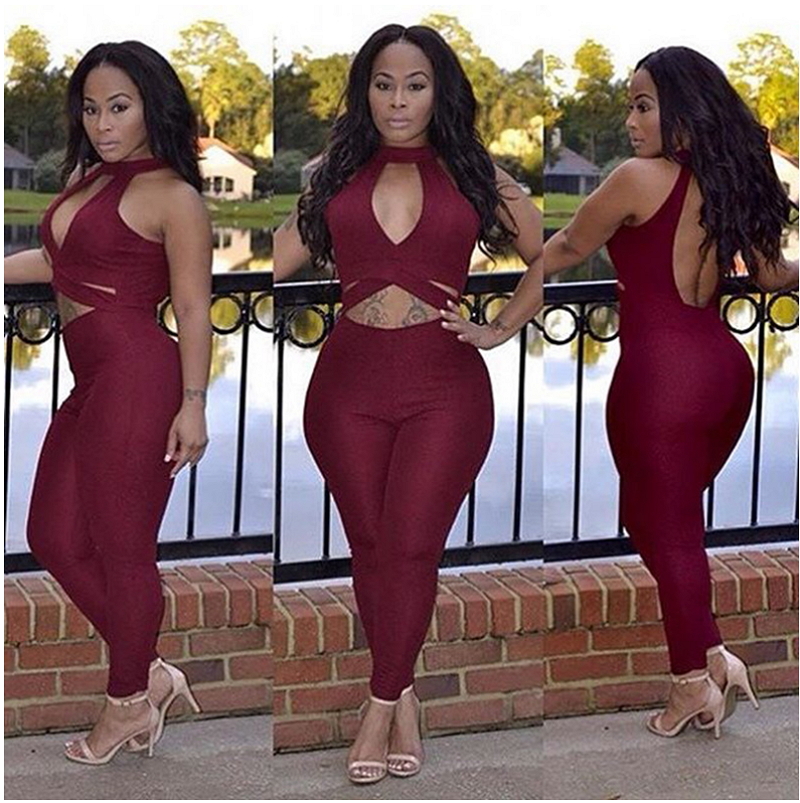 

Wholesale- Sexy Red Rompers Womens Jumpsuits Long Pants Backless Overalls Ladies Off Shoulder Sexy One Piece Outfits Skinny Hollow