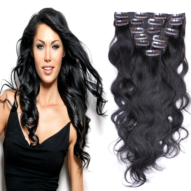 

7A Remy Clip In Human Hair 70g 100g 120g 140g 160g 180g 7/8/10pcs Virgin Brazilian body wave 1# jet black Clip In Hair Extensions dhl free, 1b# 7pcs 100g/set