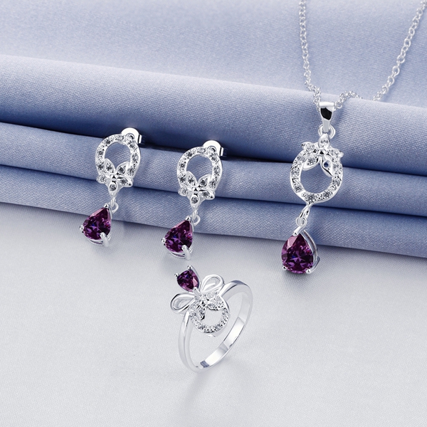 

Wedding fashion 925 silver necklace earring ring a famliy of three jewelry three drop sets STSS091B sterling silver purple gemstone rings