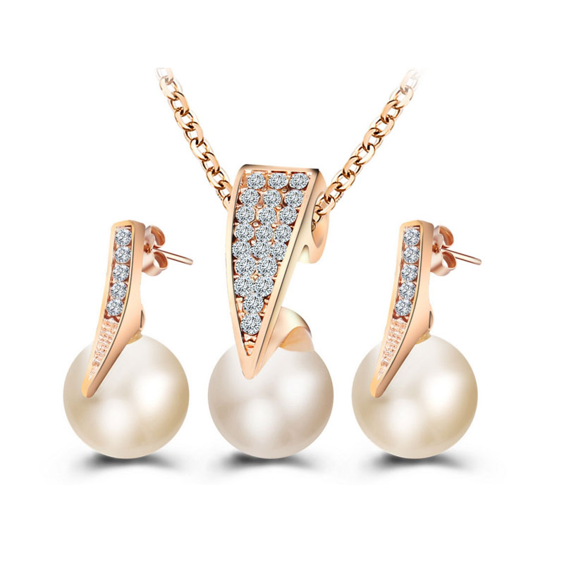 

Fashion Simulated Pearl Jewelry Sets for Bridal Gold Plated Crystals Pendant Necklace Sets Women Wedding Water Drop Earrings 2016 SET002, Silver