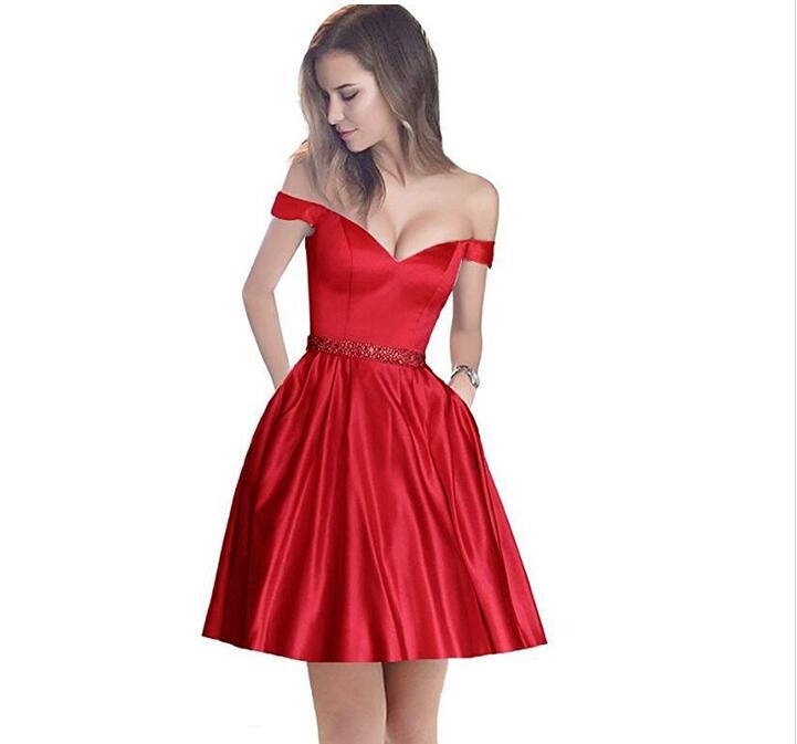 

Red Empire Homecoming Lovely dresses A-Line Princess Off-the-shoulder Short / Mini Satin Cocktail Party Dress with Beading, Purple