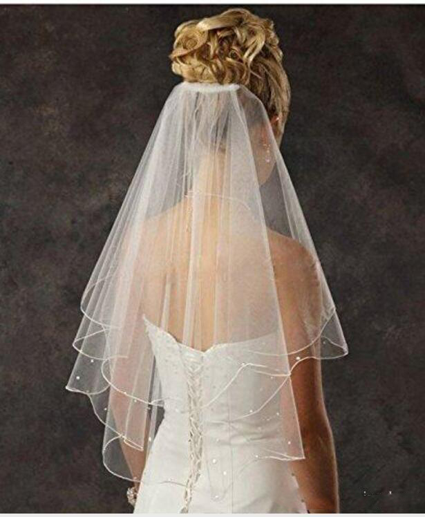 

Cheap Bridal Veils 2 Tier Spark Bridal Pearl Wedding Veil With Comb, White
