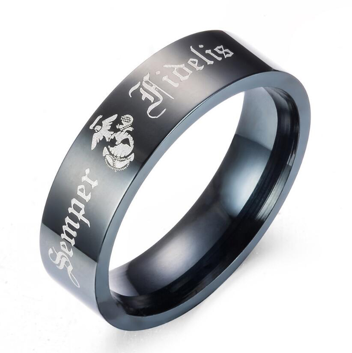 6mm Black Stainless Steel US Marines Insignia Ring Semper Fidelis Ring Size 7-13
