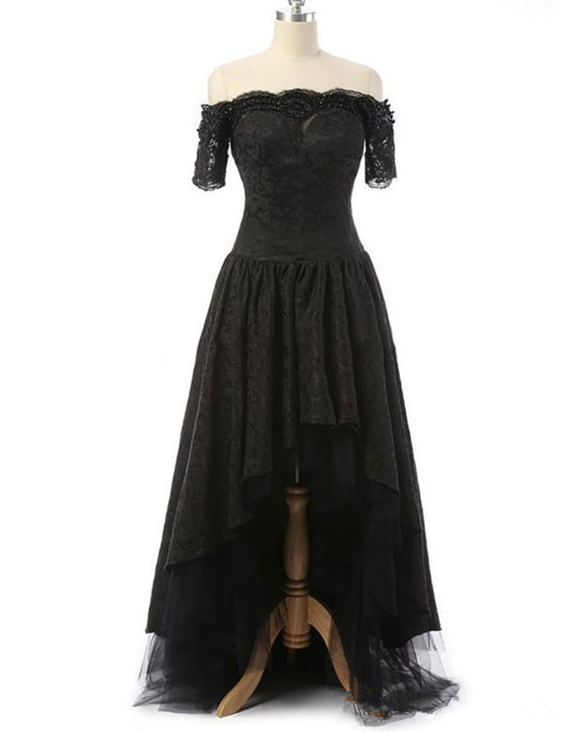

Fashion Design High Low Black Prom Dress Off Shoulder Short Sleeve Lace Tulle Short Front Long Back Party Gowns Top Custom Size, Blue