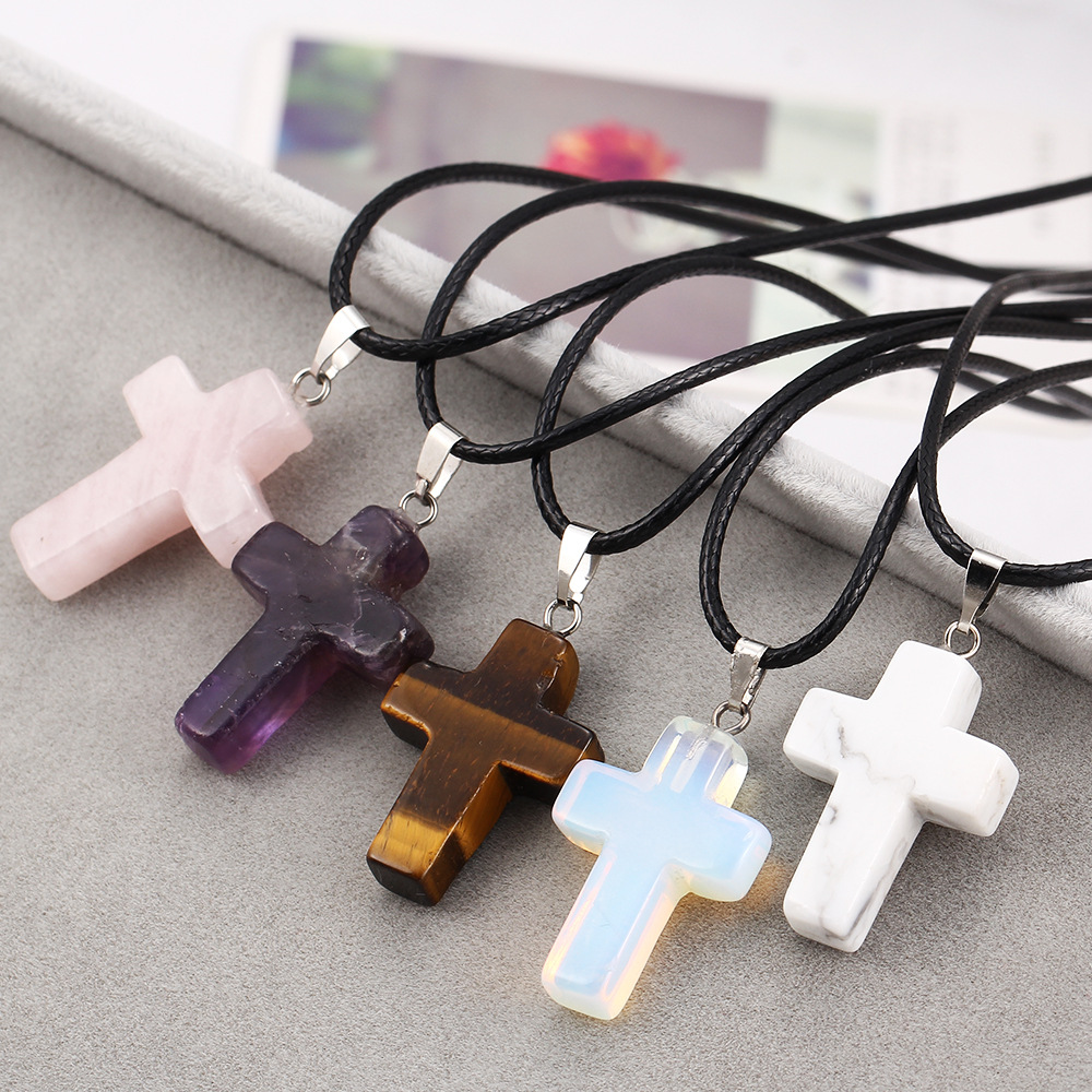 

Leather Chain Natural Stone Turquoise Crystal Eye Tiger Cross Christian Pendant Necklace for Women Jewelry christian religious gifts