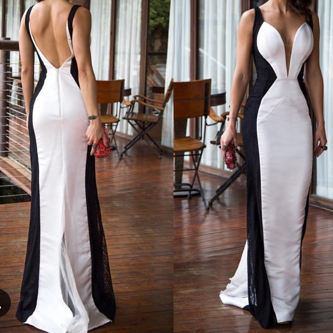 

White Satin Black Lace Color Mixture Straight Long Evening Dresses Gowns Sweetheart Tank Elegant Formal Dress Backless Back Slit Party Gown, Ivory