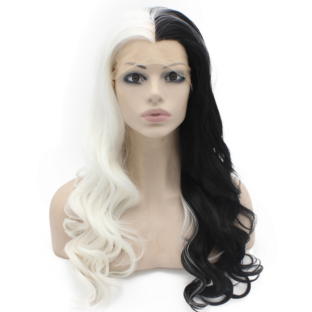 

Long Wavy Half White Black Synthetic Lace Front Wig Heat Resistant, Mix color