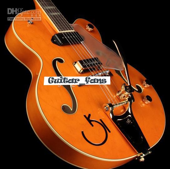 

Custom Gretch G6120DSW Chet Atkins Hollow Body Electric Guitar Orange Finish Block MOP Fingerboard Inlay Gold Hardware