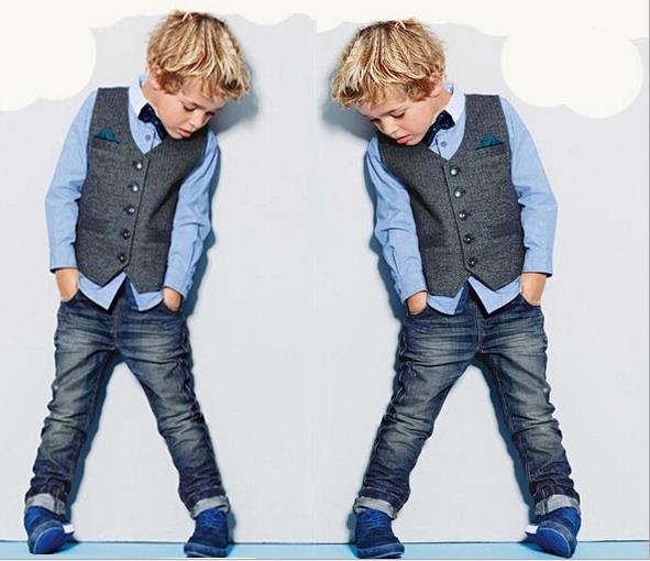 

New Spring Autumn Baby Boys 3pcs Clothing Suits Kids Gentleman Long Sleeve Shirt + Waistcoat + Jeans Pants Children Outfits Kids Sets, As the picture